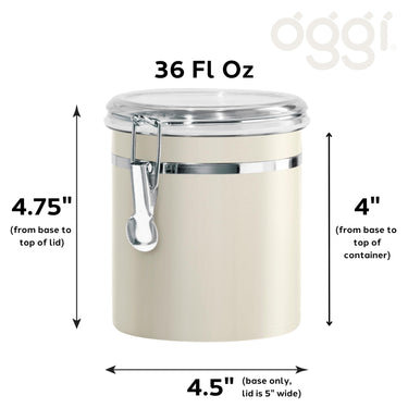 Oggi Stainless Steel Kitchen Canister 36 fl oz, Gray - Airtight Clamp Lid, Clear See-Thru Top - Ideal for Kitchen Storage, Food Storage, Pantry Storage. Size 4.75